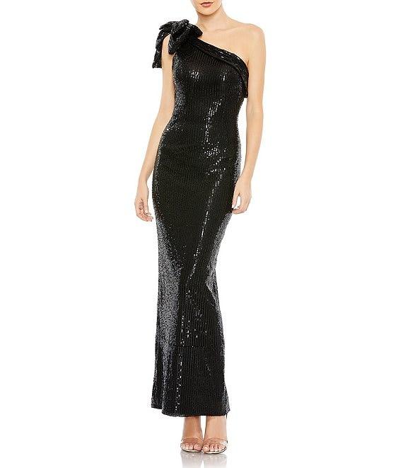 Mac Duggal Sequin One Shoulder Sleeveless Bow Shoulder Back Slit Column Gown Product Image