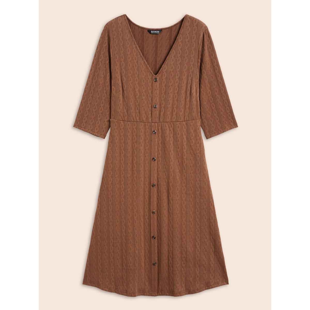 Plus Size Plain Textured Button Detail Midi Dress Yellowishbrown Women Casual Texture V-neck Elbow-length sleeve Curvy BloomChic 30/6X Product Image