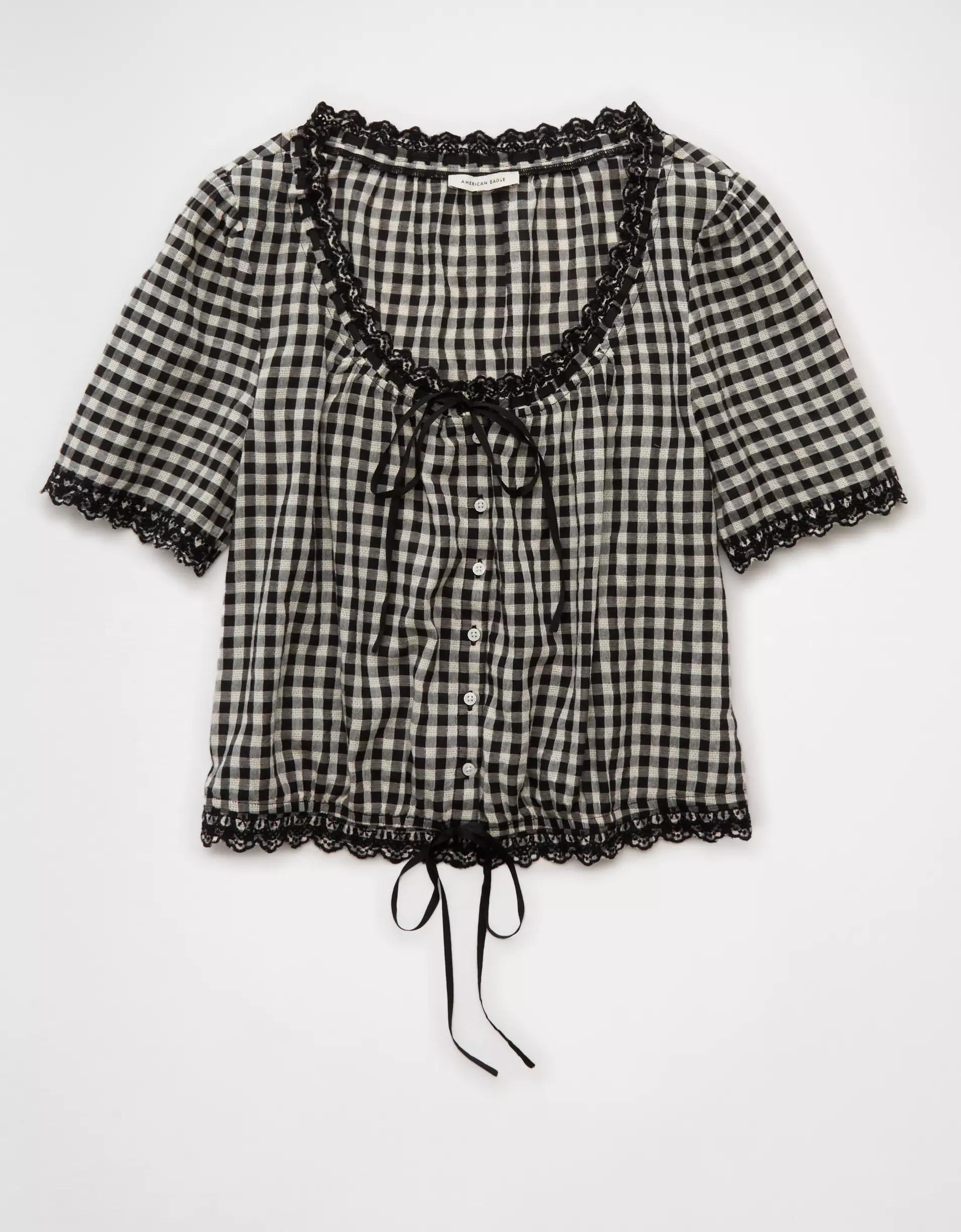 AE Short-Sleeve Gingham Button-Up Blouse Product Image