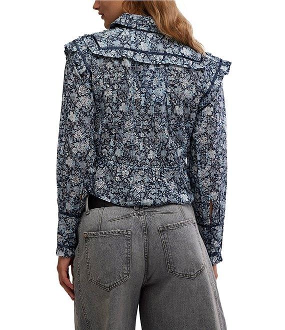Free People Daybreak Floral Print Point Collar Neck Long Sleeve Button Front Tie Top Product Image