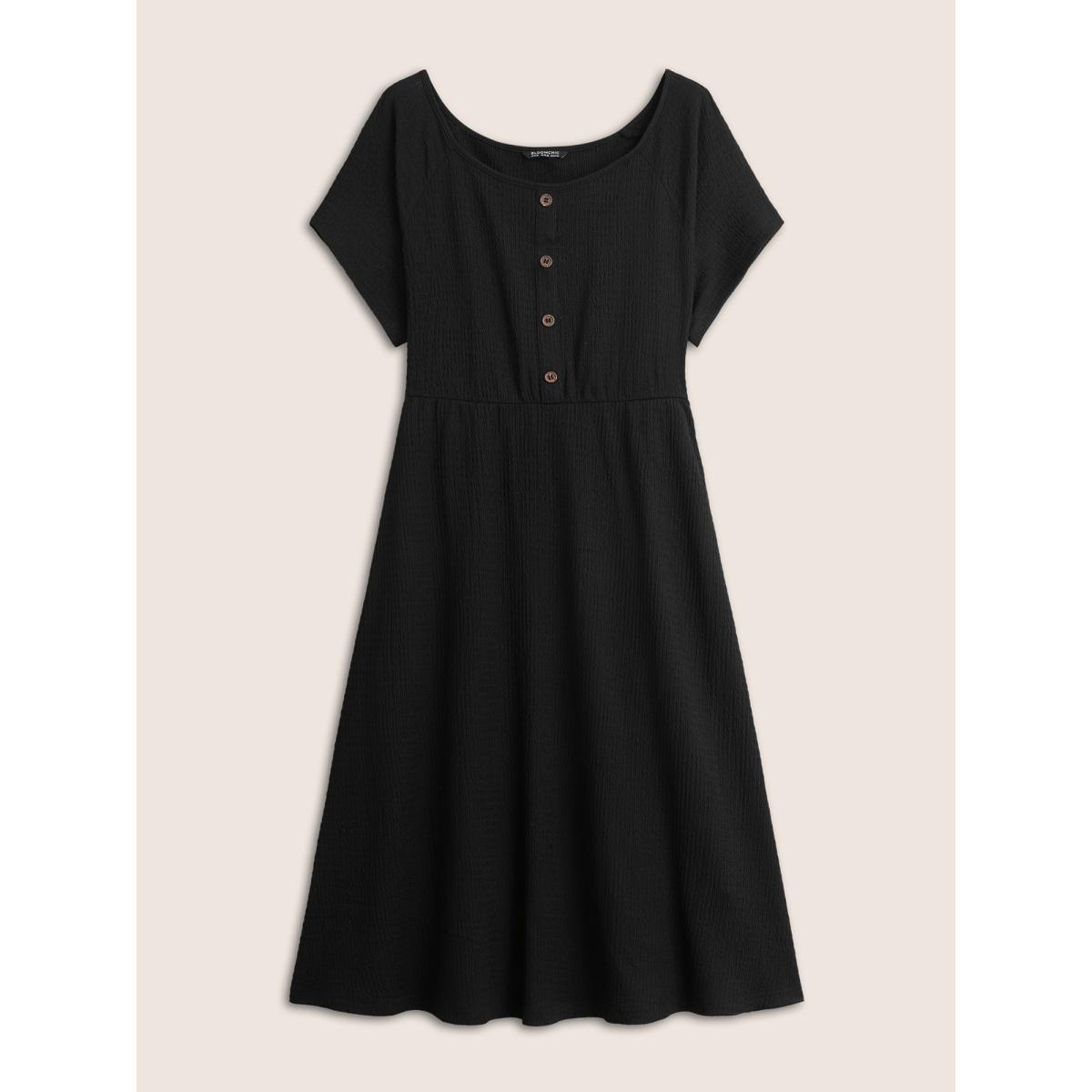 Plus Size Boat Neck Raglan Sleeve Button Detail Dress Black Women Casual Non Boat Neck Short sleeve Curvy Midi Dress BloomChic 30/6X Product Image