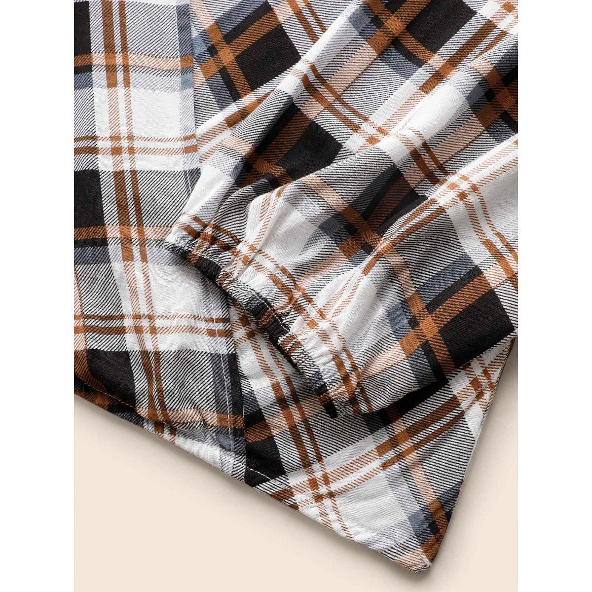 Plus Size Browncoffeecolor Plaid Overlap Collar Patch Pocket Blouse Women Casual Three Quarter Length Sleeve Overlap Collar Everyday Blouses BloomChic 28/5X Product Image