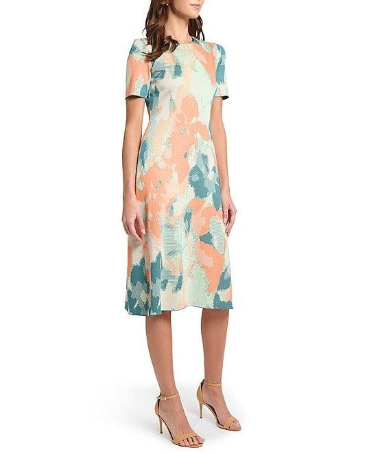 MISOOK Abstract Floral Knit Round Neck Short Sleeve A-Line Midi Dress Product Image