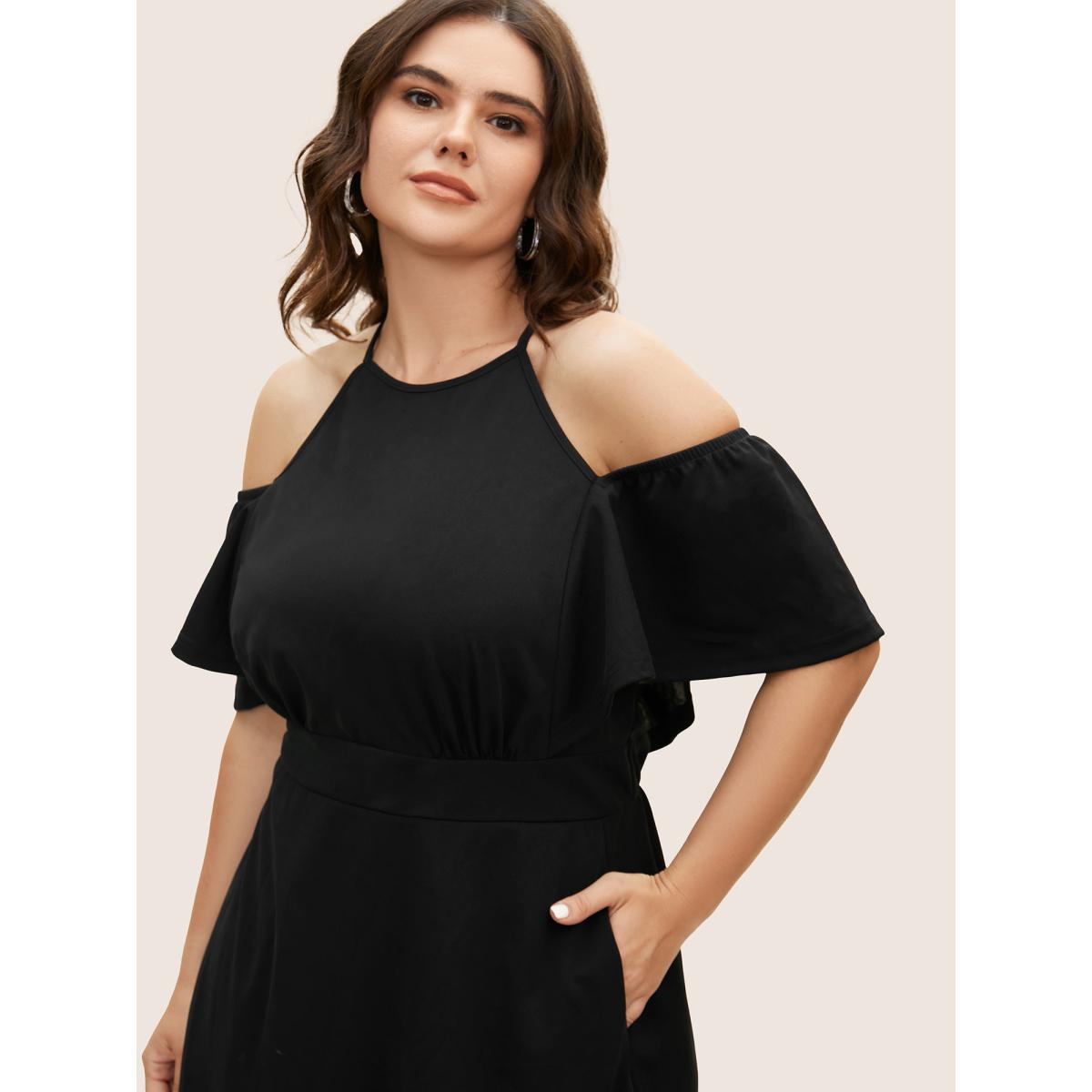 Plus Size Cold Shoulder Flutter Sleeve Midi Dress Black Women At the Office Gathered Round Neck Short sleeve Curvy BloomChic 30/6X Product Image