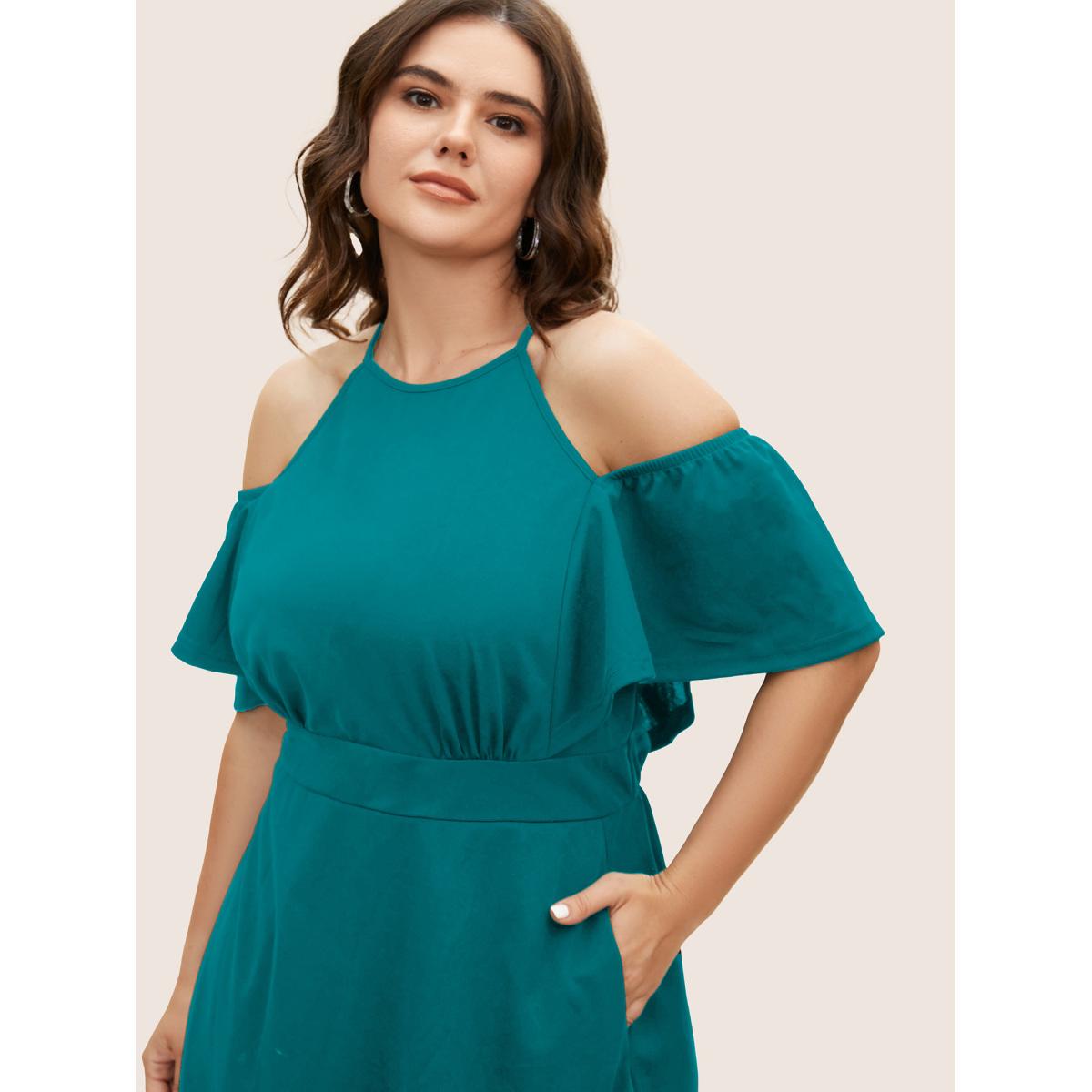 Plus Size Cold Shoulder Flutter Sleeve Midi Dress Teal Women At the Office Gathered Round Neck Short sleeve Curvy BloomChic 26/4X Product Image