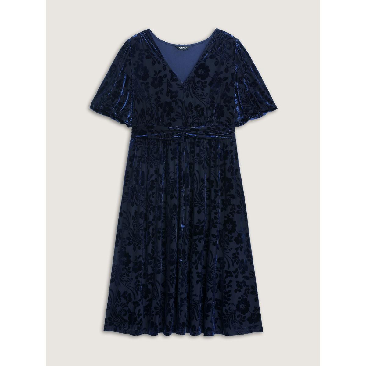Plus Size Flocked Laser Cut Pleated Waist Midi Dress DarkBlue Women Romantic V-neck Short sleeve Curvy BloomChic 10/M Product Image