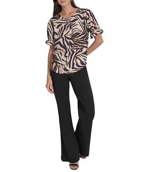 DKNY by Donna Karan Blurred Zebra Print Crew Neck Rolled Puff Sleeve Blouse Product Image