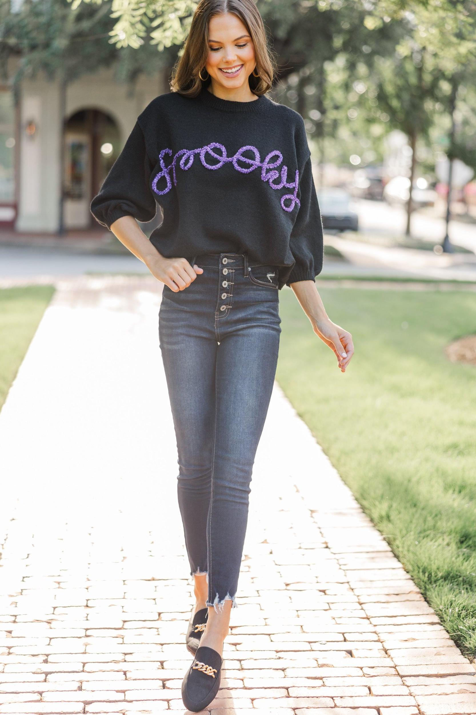 Let's Get Spooky Black Script Sweater Female Product Image