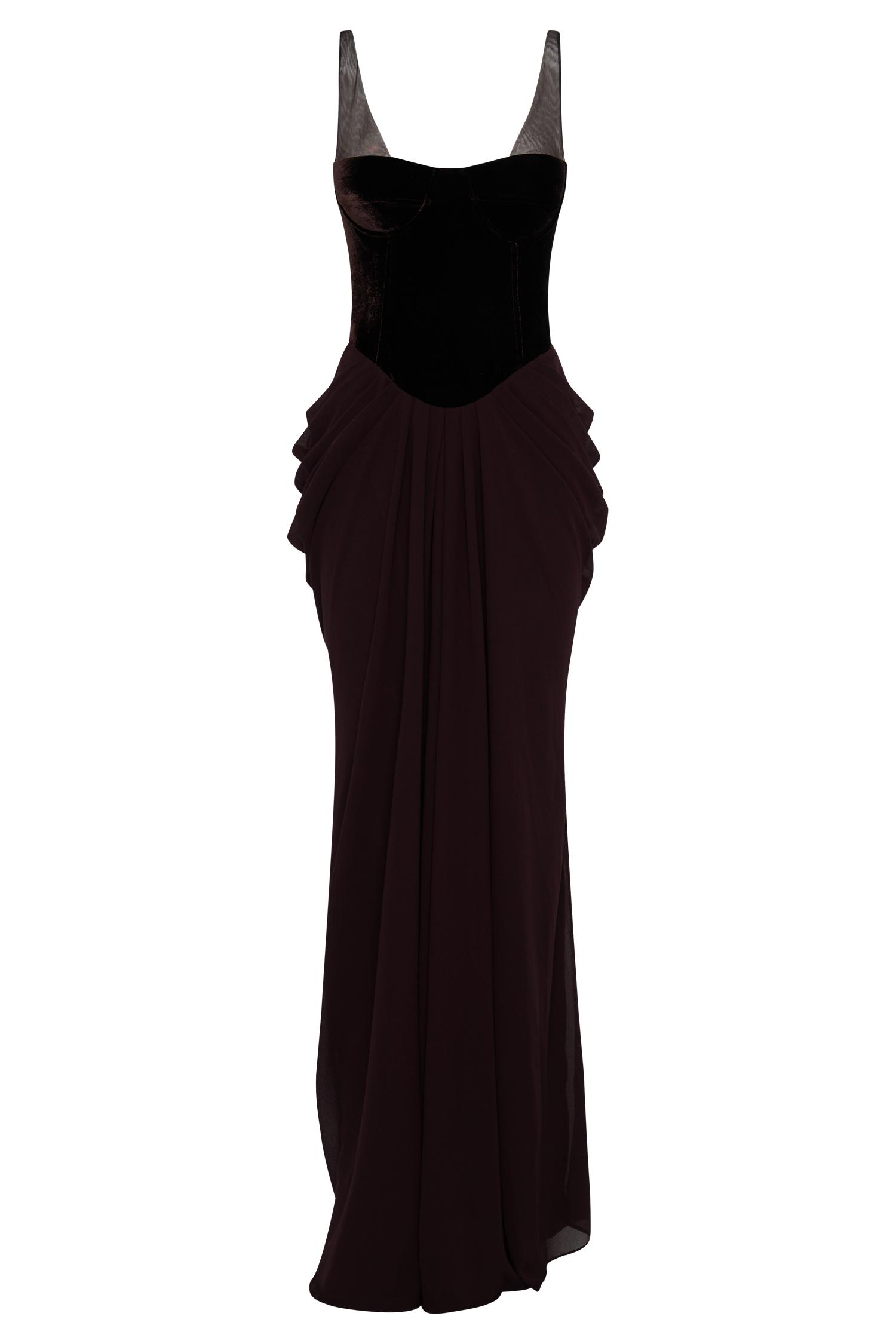 Roxanne Velvet Corset Maxi Dress - Cacao Brown Product Image
