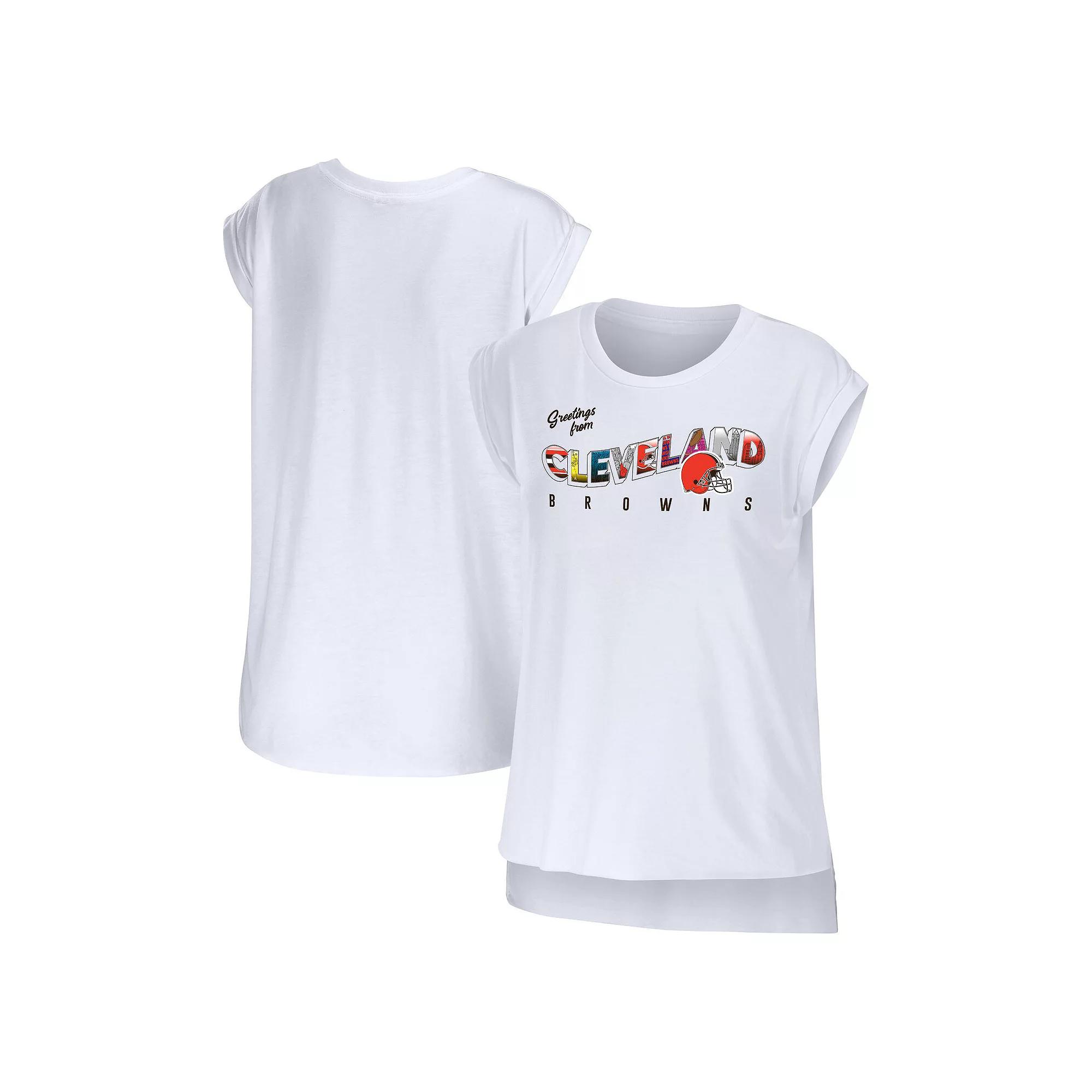 Women's WEAR by Erin Andrews White Cleveland Browns Greetings From Muscle T-Shirt,  Product Image