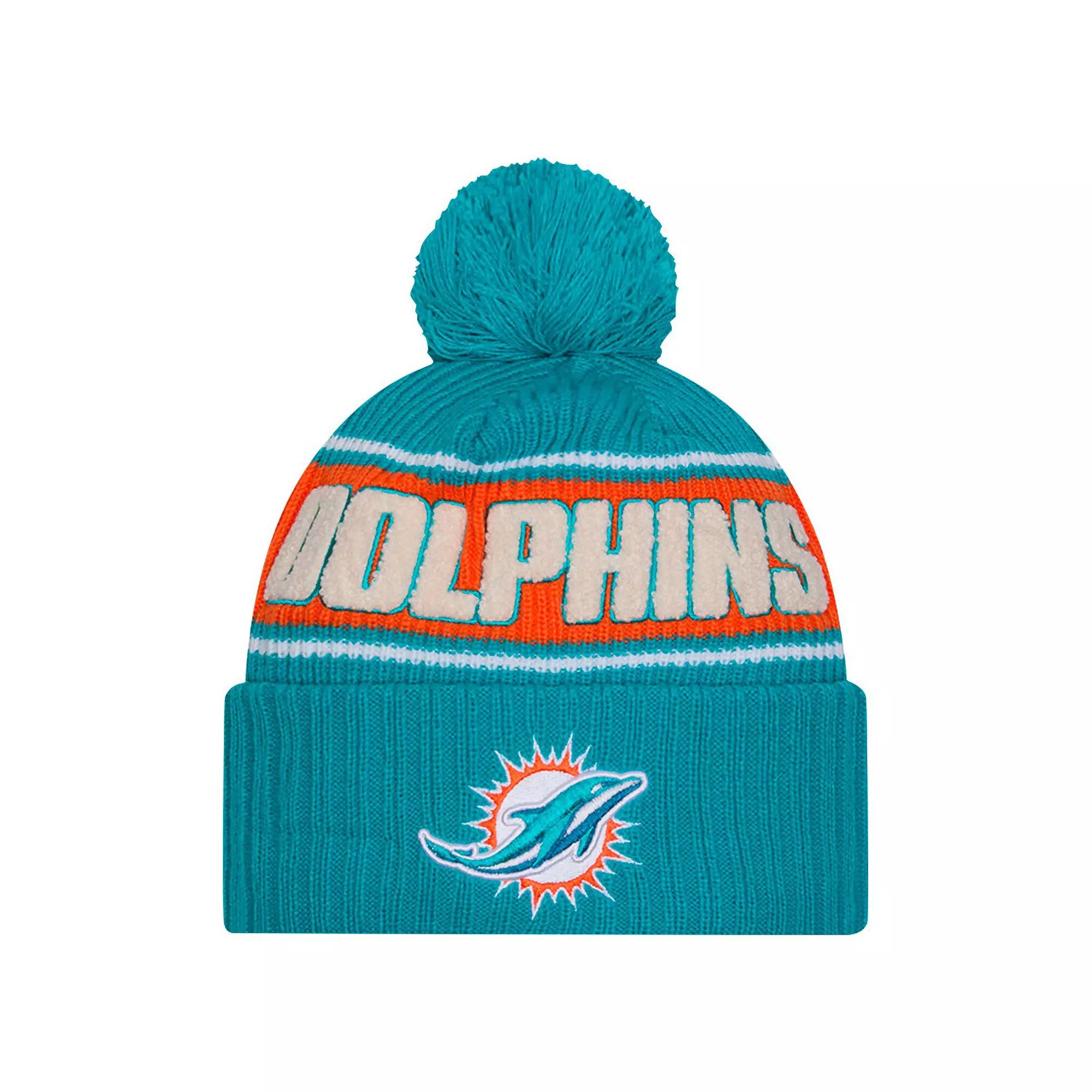 Men's New Era Aqua Miami Dolphins 2024 Sideline Cuffed Knit Hat with Pom, Turquoise A Product Image