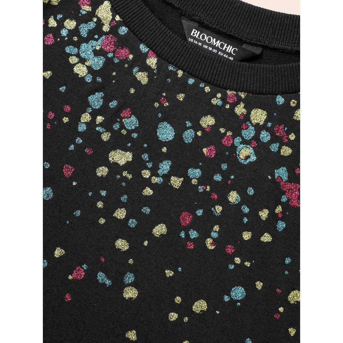 Plus Size Crew Neck Color Glitter Sweatshirt Women Black Casual Patchwork Round Neck Everyday Sweatshirts BloomChic 22-24/3X Product Image