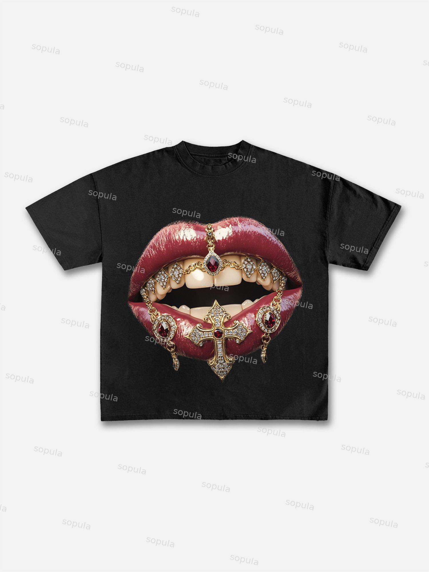 Lips Cross Diamond Print Cotton T-shirt Product Image