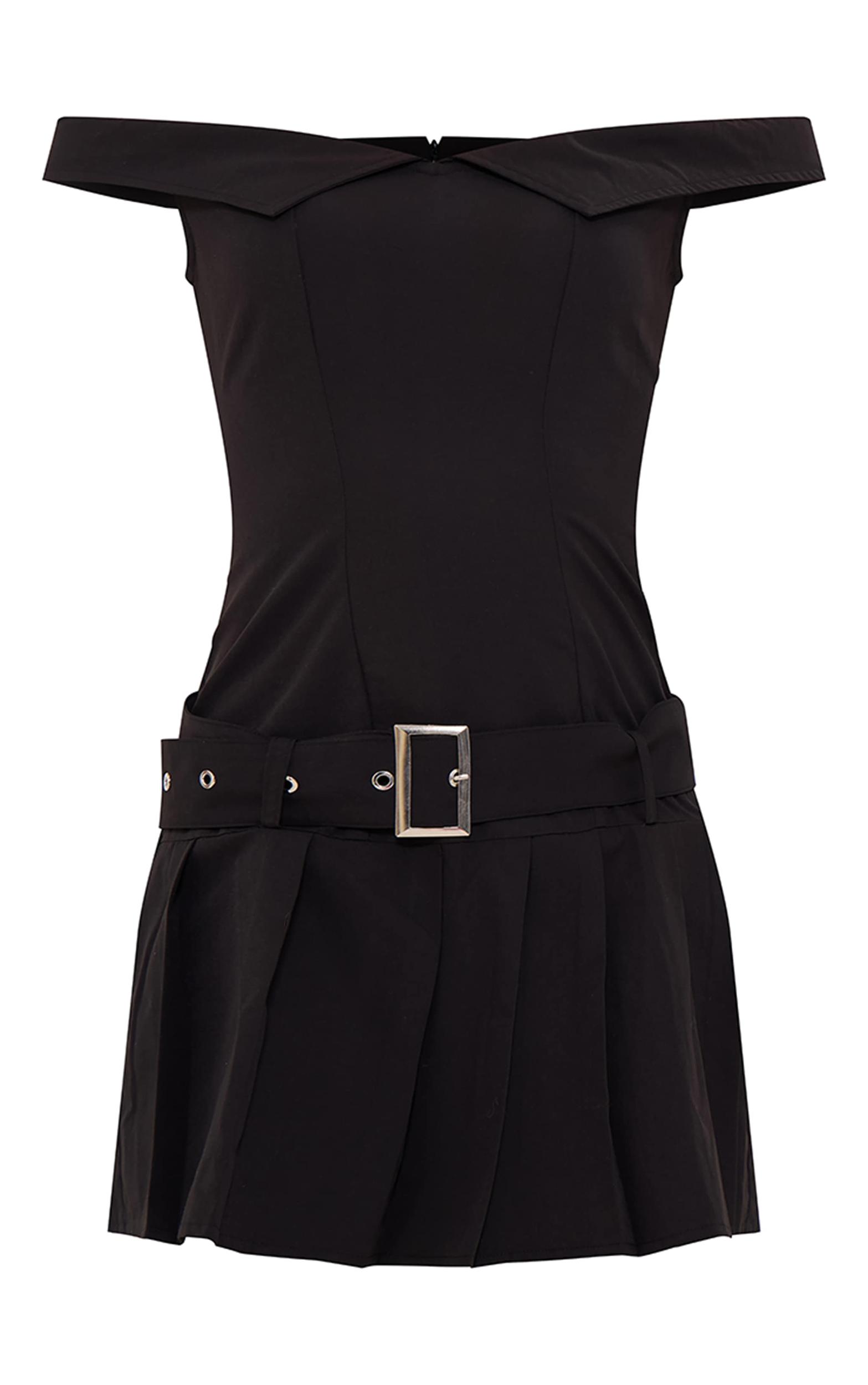 Black Bardot Belted Pleated Shift Dress Product Image
