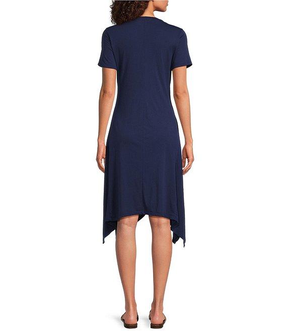 JOHNNY WAS Nicolette Embroidered Placement Floral Cotton Knit Crew Neck Short Sleeve Handkerchief Hem Dress Product Image