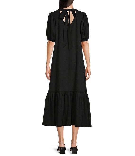 Gibson & Latimer Crepe Waffle Knit V-Neck Tie Back Detail Puffed Short Sleeve Tiered A-Line Flounce Midi Dres Product Image