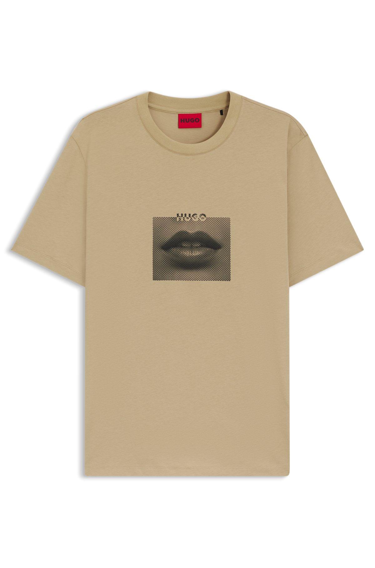 HUGO - Cotton-jersey T-shirt with lip artwork - Beige Product Image