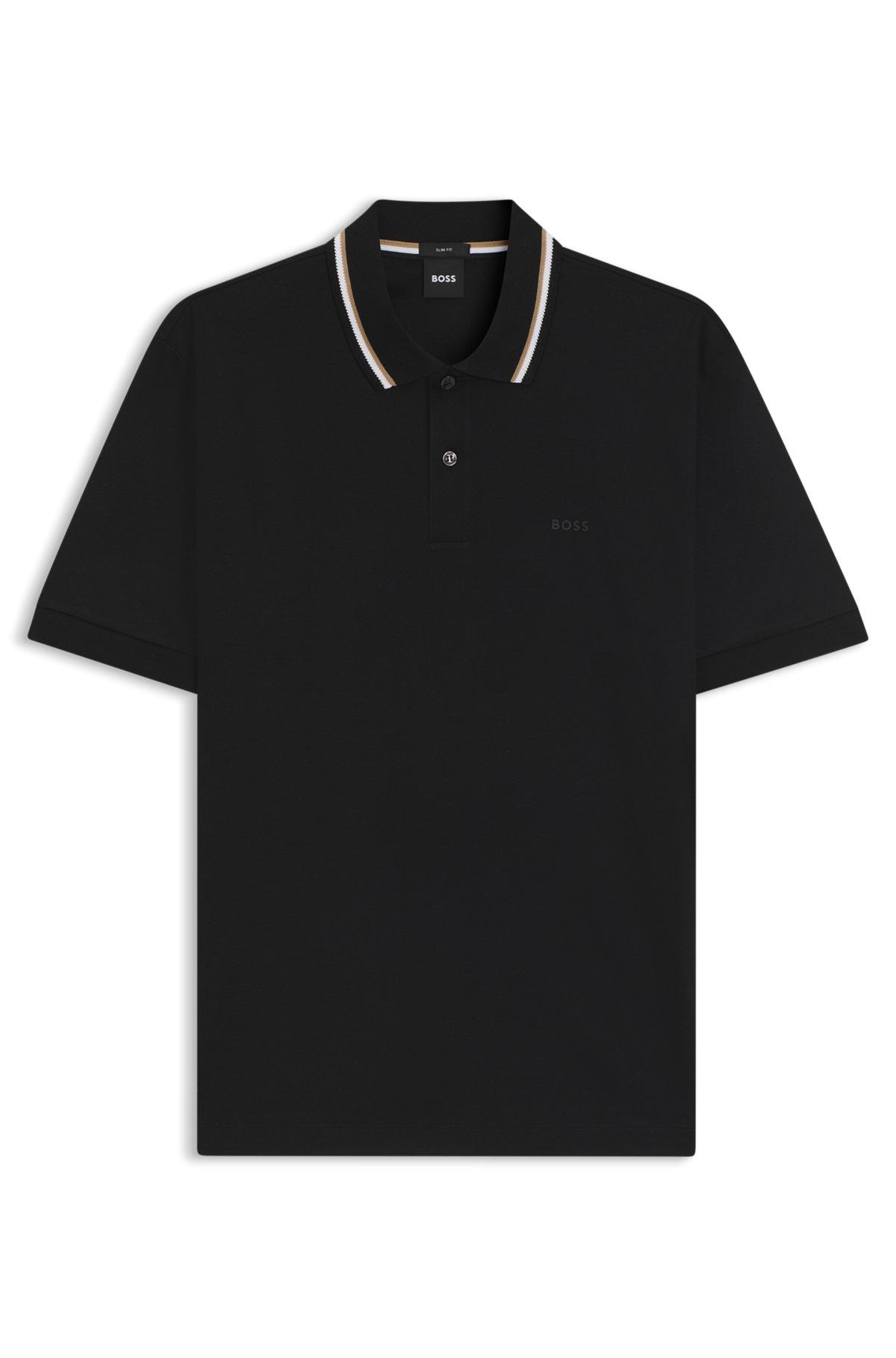 Slim-fit polo shirt in cotton with striped collar Product Image