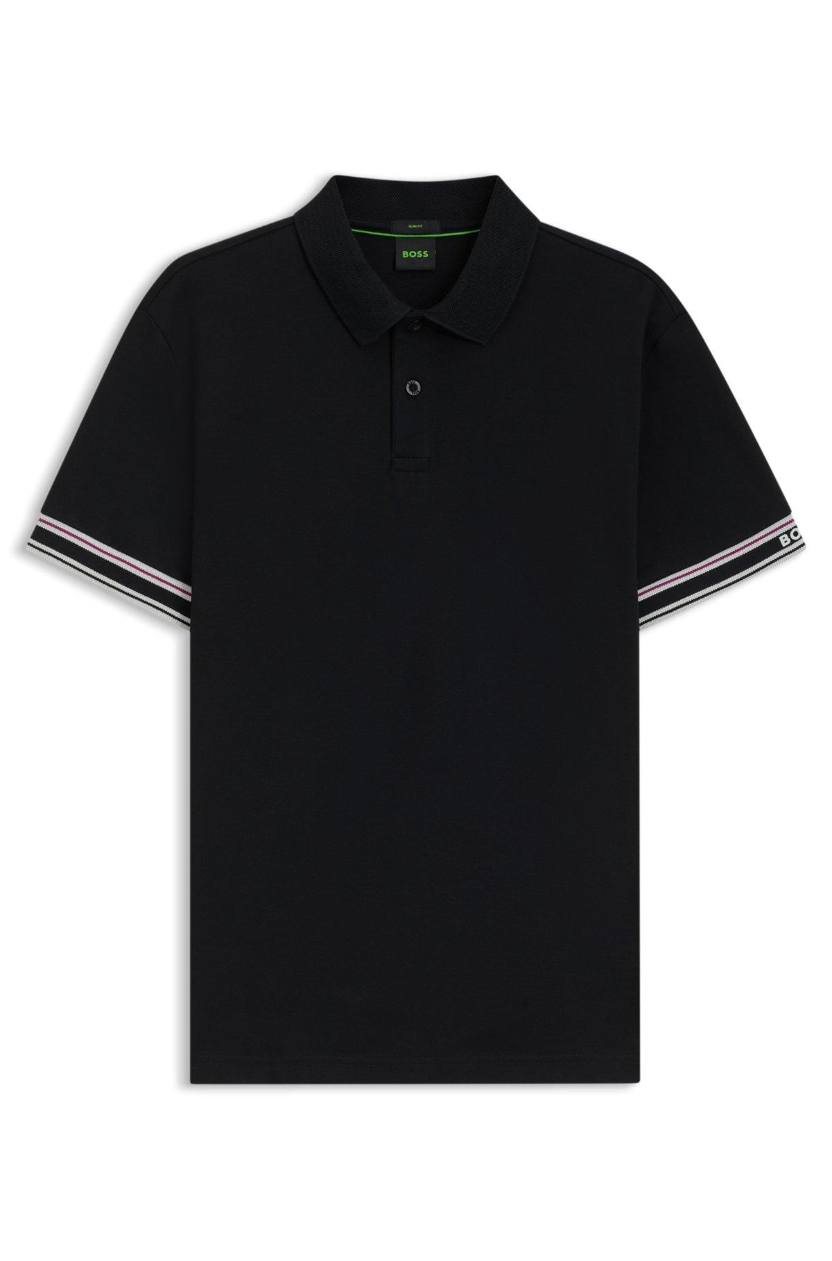 Slim-fit polo shirt in cotton with striped collar Product Image