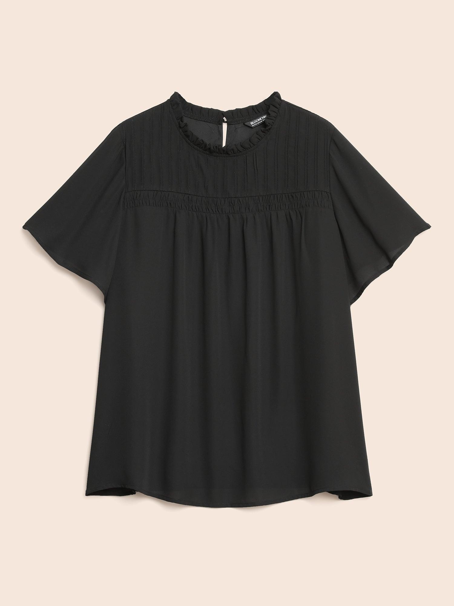 Anti-Wrinkle Shirred Ruffle Sleeve Mesh Frill Trim Blouse Female Product Image