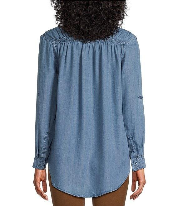 Intro Petite Size Lyocell Slub Shirred Yoke Long Roll-Tab Sleeve Shirred Popover Top Product Image
