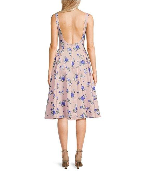 Honey and Rosie Floral Printed Stretch Sateen Square Neck Open Back Midi Dress Product Image