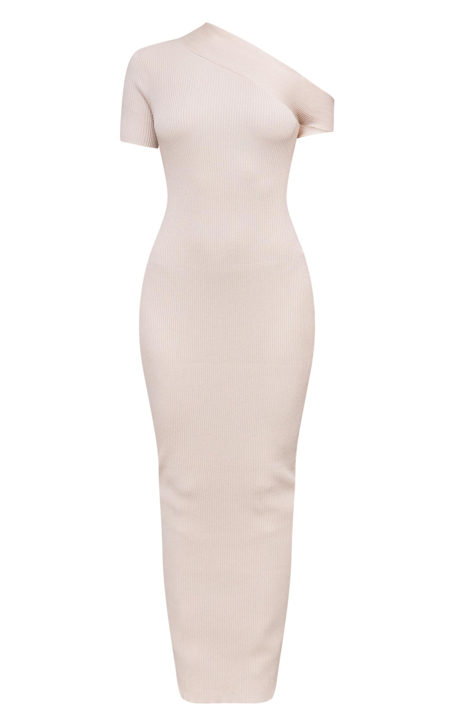 Oatmeal Rib Knit Asymmetric Neck Ruched Side Maxi Dress Product Image