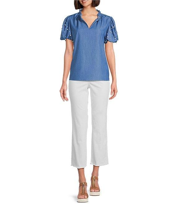 Calessa Short Pearl Sleeve Split V-Neck Woven Chambray Blouse Product Image