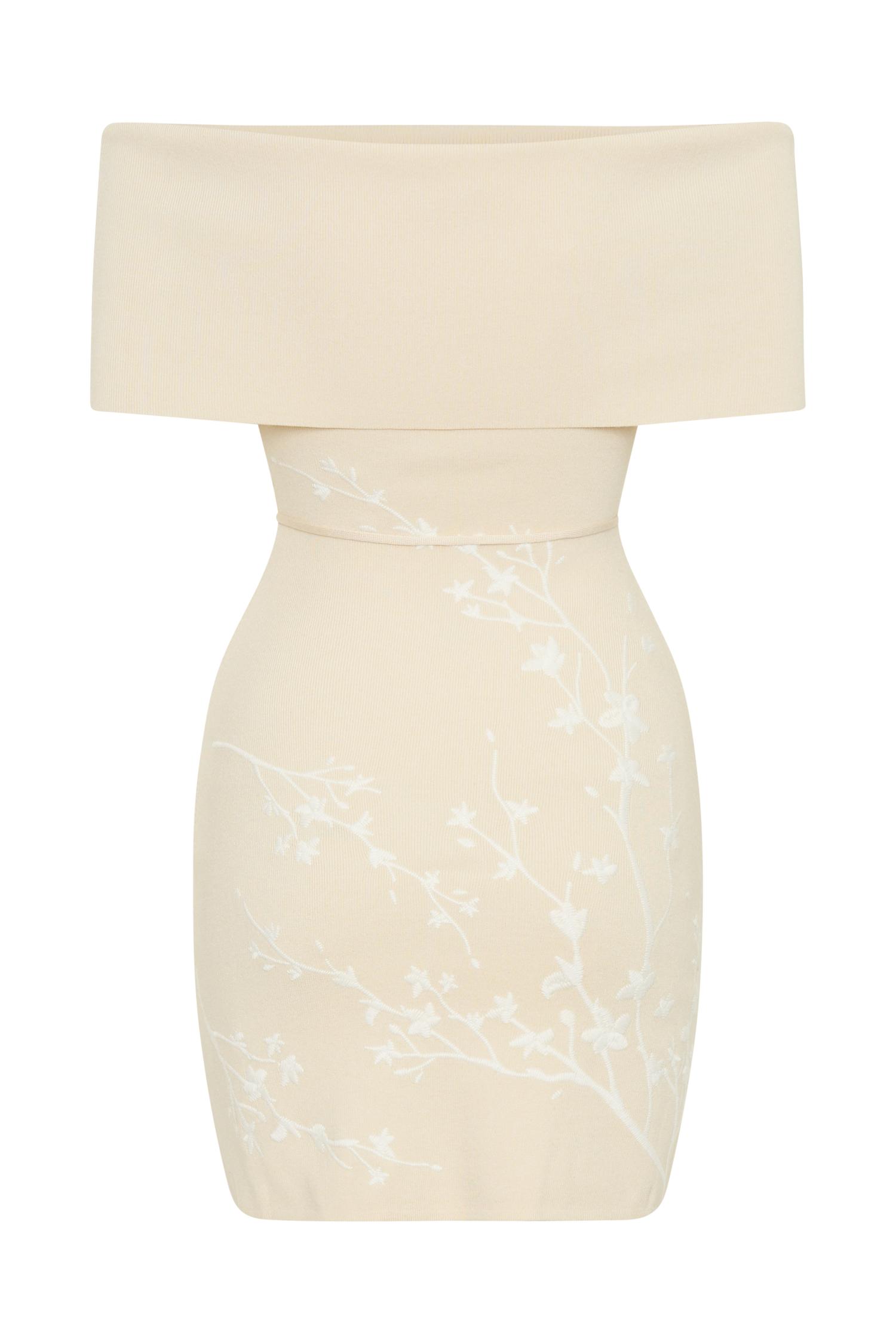 Mallory Off Shoulder Embroidered Knit Mini Dress - Cream And Ivory Product Image