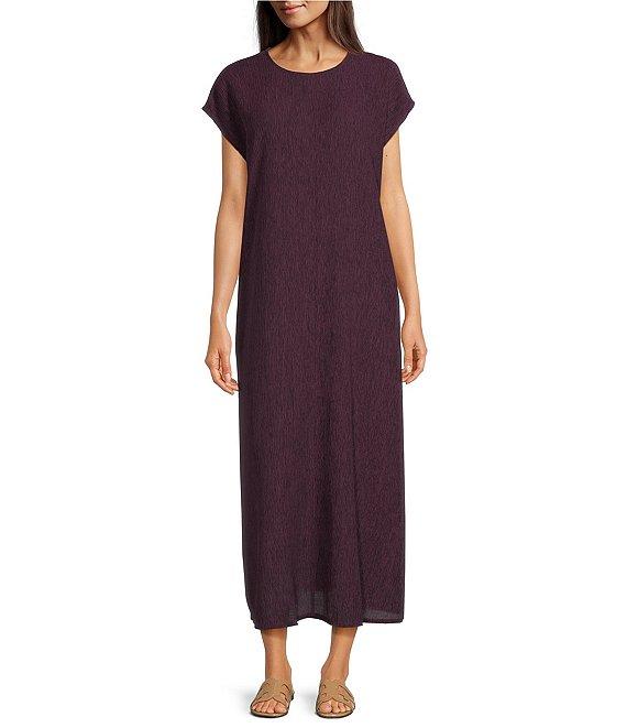 Eileen Fisher Crinkle Plisse Round Neck Cap Sleeve Midi Dress Product Image