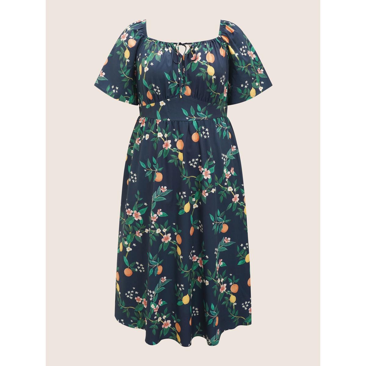 Plus Size Citrus Orange Print Square Neck Gathered Drawstring Dress Navy Women Elegant Tie knot Square Neck Half Sleeve Curvy Midi Dress BloomChic 14-16/1X Product Image