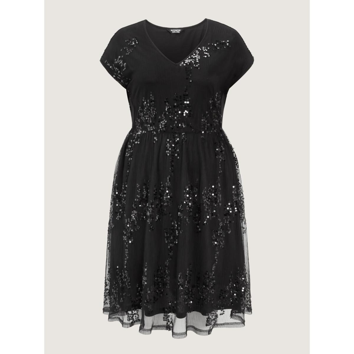 Plus Size Sequin Embellished V-Neck Midi Dress Black Women Party&Cocktail V-neck Cap Sleeve Curvy BloomChic 18-20/2X Product Image