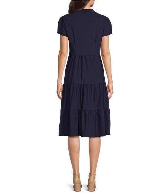 Jude Connally Libby Solid Jude Cloth Knit V-Neck Short Puffed Sleeve A-Line Tiered Midi Dress Product Image