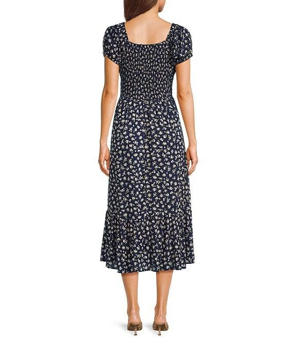 Angie Ditsy Floral Print Scoop Neck Short Puff Sleeve Ruffle Hem Midi Dress Product Image