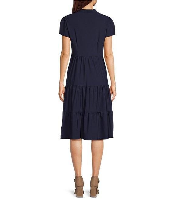 Jude Connally Libby Solid Jude Cloth Knit V-Neck Short Puffed Sleeve A-Line Tiered Midi Dress Product Image