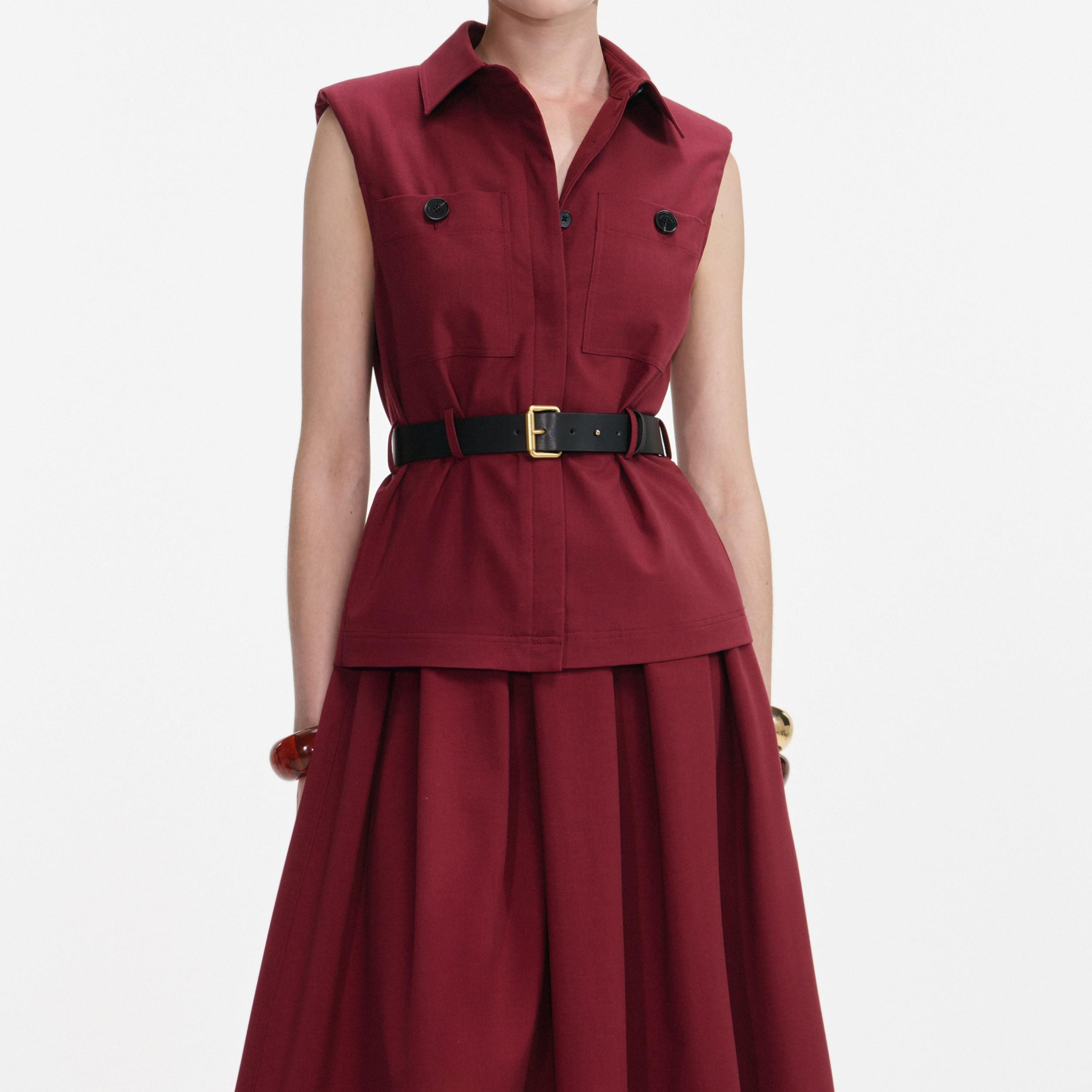 Burgundy Twill Belted Midi Dress Product Image