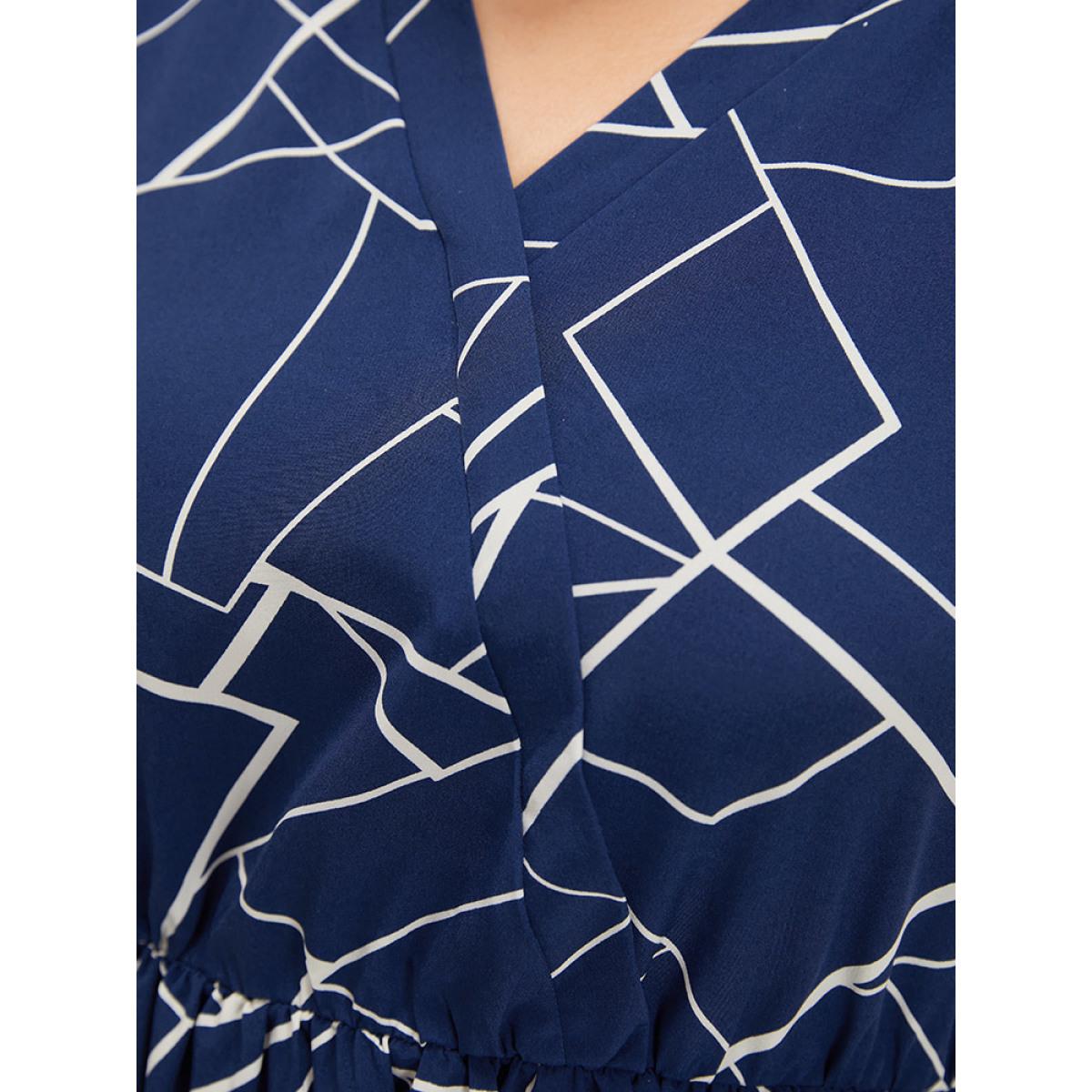 Plus Size Geometric Print Ruffle Cap Sleeve Wrap Layered Hem Dress Indigo Women Office Printed V-neck Cap Sleeve Curvy Long Dress BloomChic 30/6X Product Image