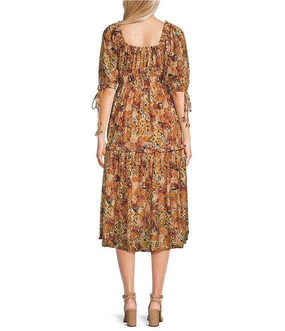 En Saison Candela Floral Print Square Neck 3/4 Sleeve Ruffle Midi Dress Product Image