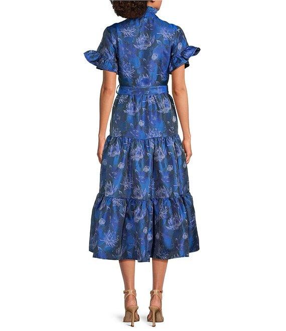 Abbey Glass Floral Print Sadie Ruffle Stand Collar Short Sleeve Tie Waist Tiered Pocketed Midi Dress Product Image