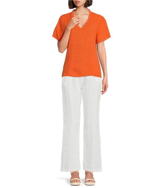 M Made in Italy Ruffle V-Neck Short Sleeve Linen Top Product Image