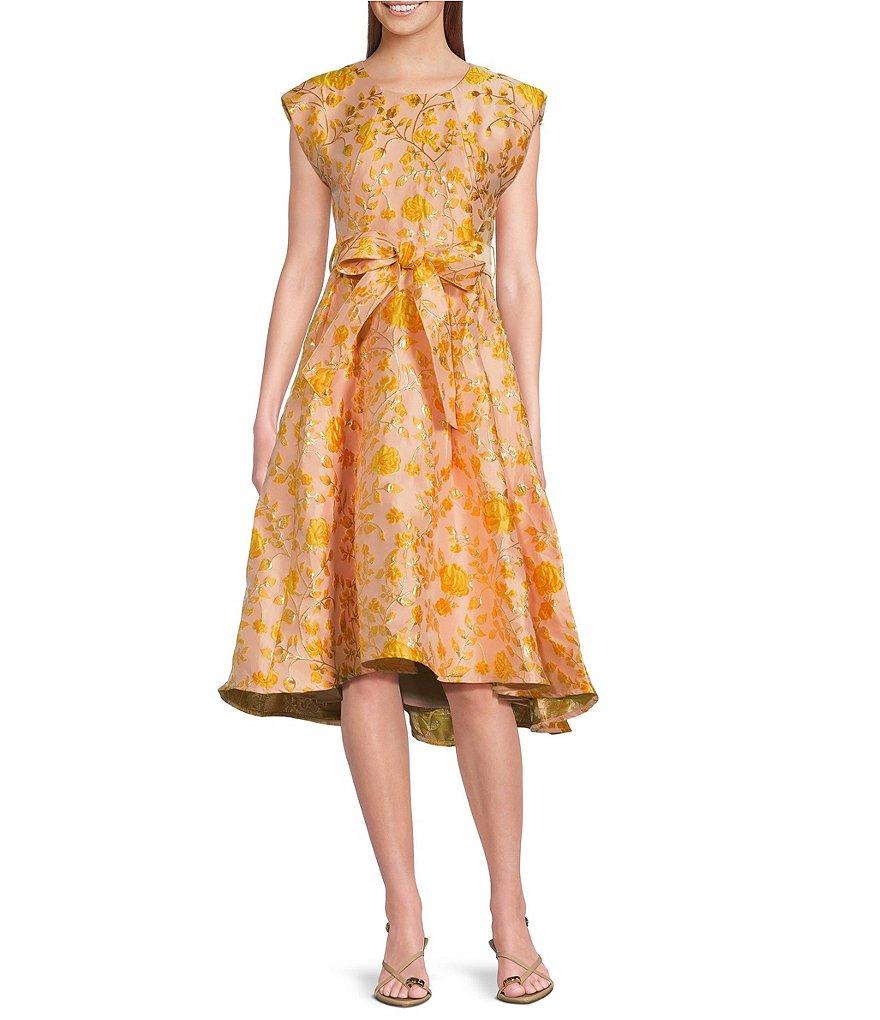 Abbey Glass Olivia Floral Jacquard Crew Neck Short Sleeve Self-Tie Belt Midi Dress Product Image