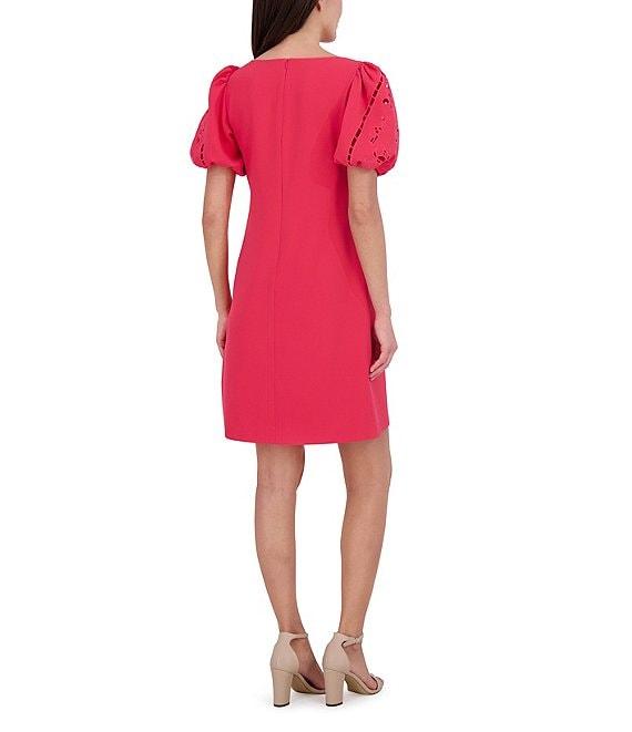 Vince Camuto Stretch Crepe Boat Neck Short Sleeve Laser-Cut Shift Dress Product Image