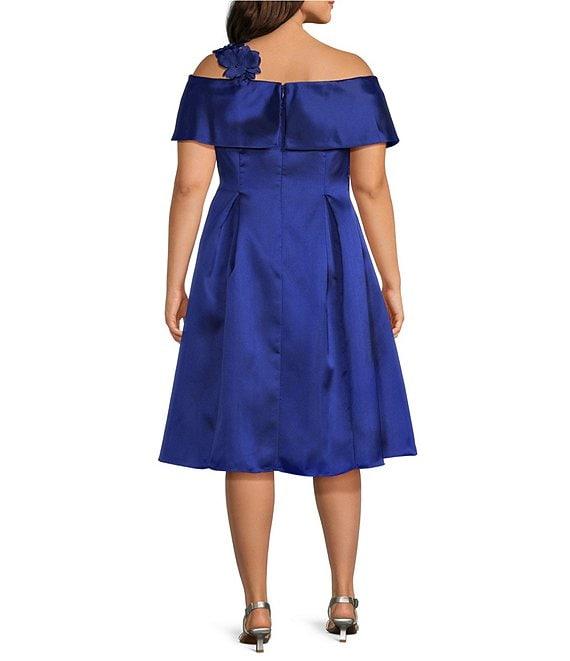 Alex Evenings Plus Size Mikado Off the Shoulder Short Sleeve 3D Floral Detail A Line Midi Dress Product Image