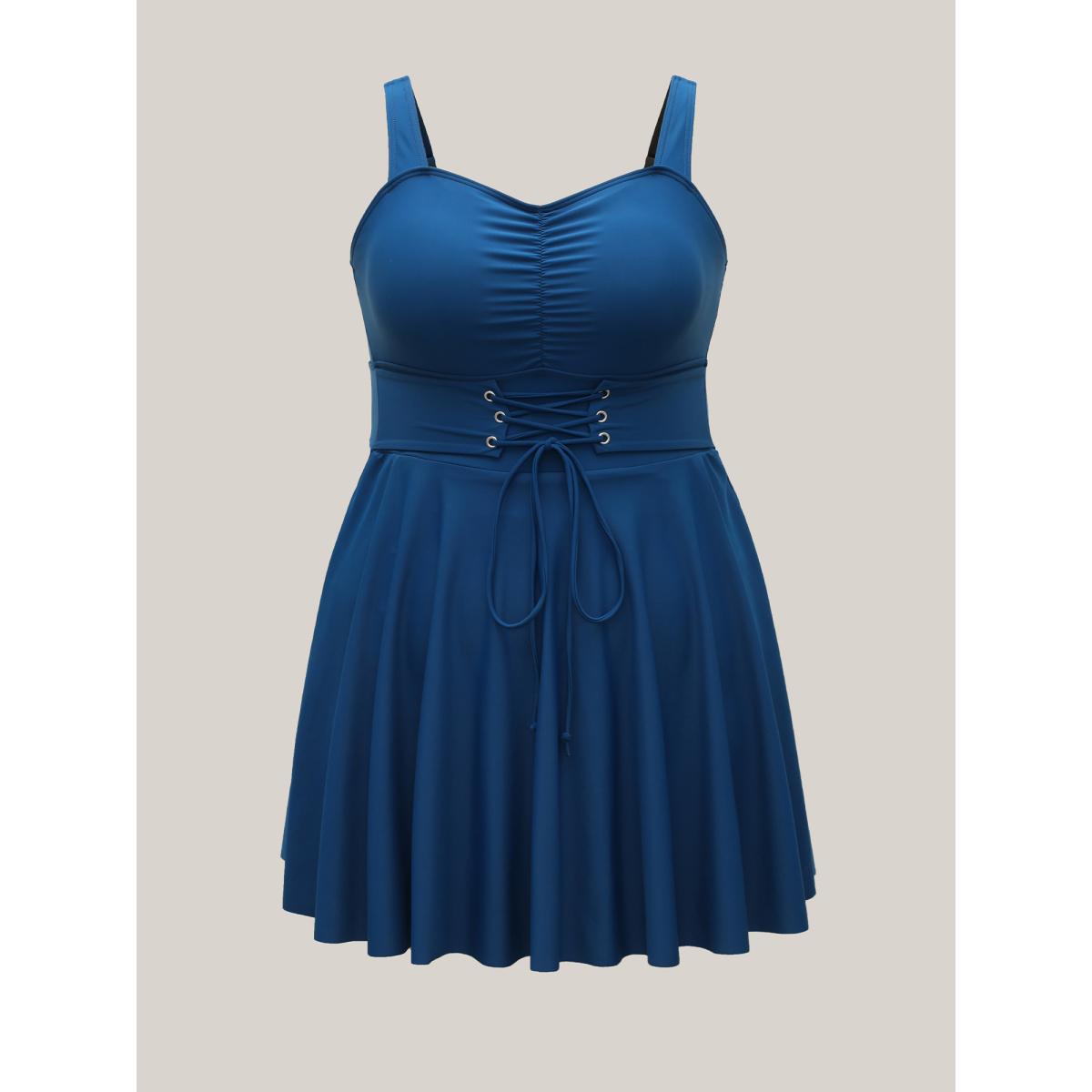 Plus Size Waist-Tie Ruched Flared Swim Dress Women's Swimwear Aegean Beach Bodycon Heart neckline High stretch Curve Swim Dresses BloomChic 28/5X Product Image