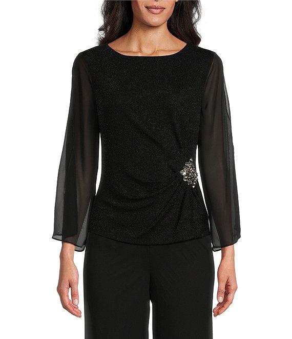 Alex Evenings Sheer 3/4 cold Shoulder Sleeve Crew Neck Metallic Knit Beaded Detail Blouse Product Image