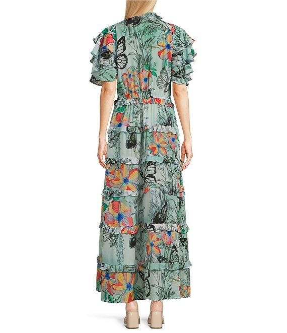 APNY Woven Floral Print V-Neck Short Sleeve Ruffle Tiered Maxi A-Line Dress Product Image
