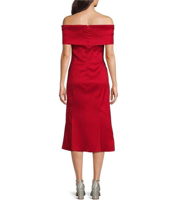 Marina Off-The-Shoulder Short Sleeve Side Slit Taffeta Midi Dress Product Image
