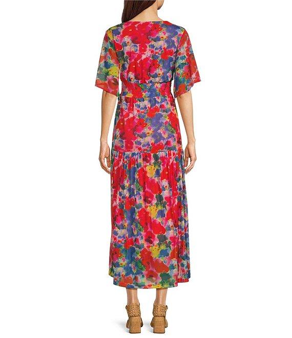 Calessa Abstract Brushstroke Print V-Neck Short Sleeve Empire Waist Maxi Dress Product Image