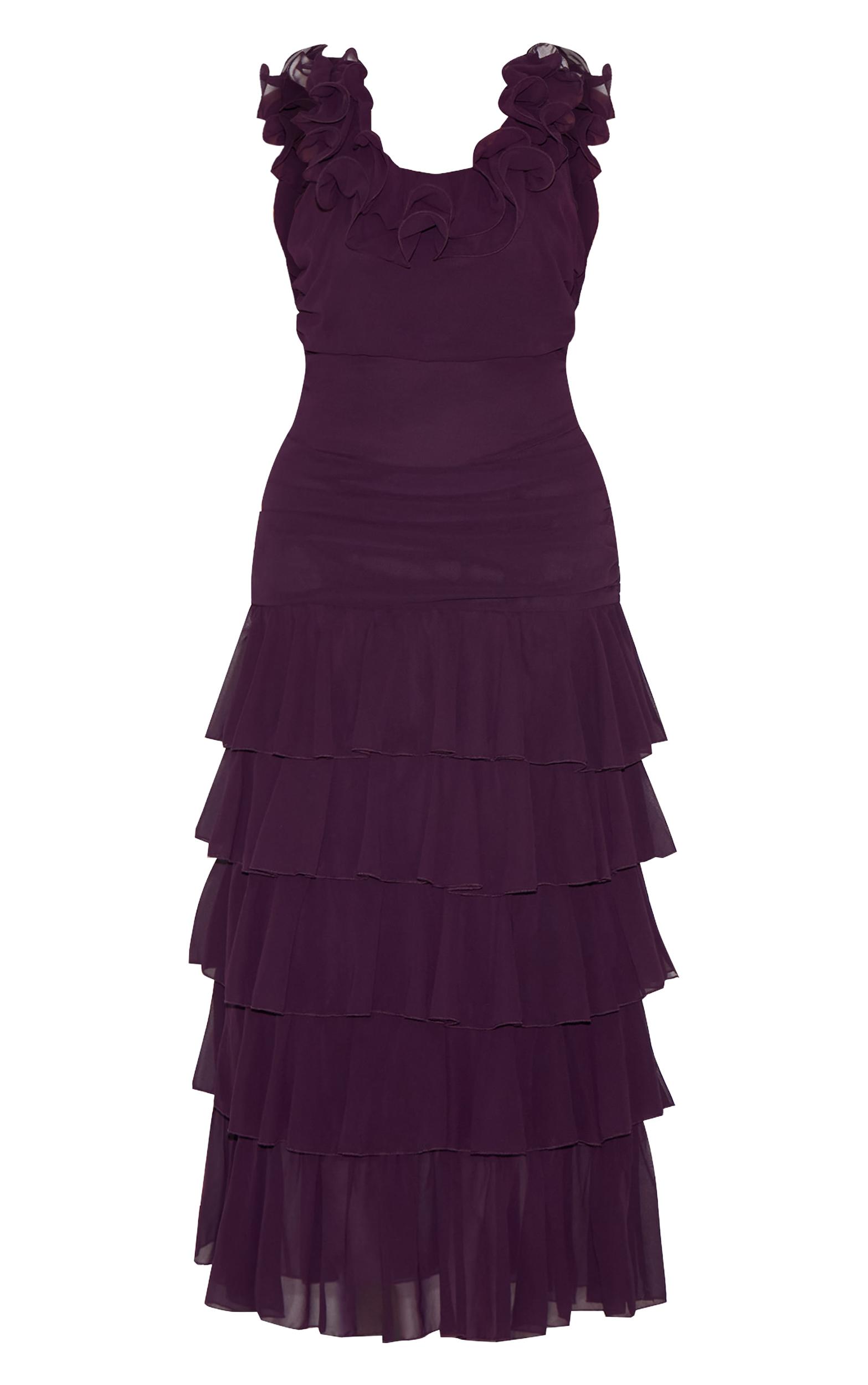 Plus Wine Chiffon Ruched Ruffle Maxi Dress Product Image