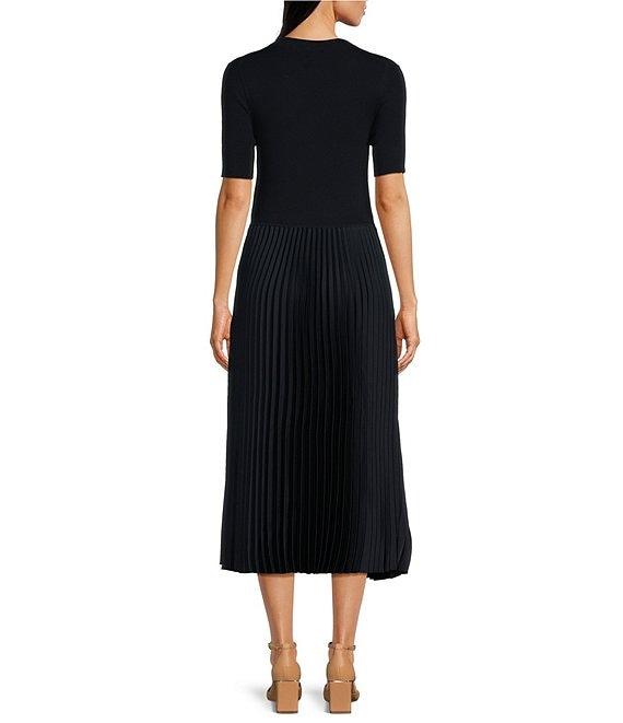 BOSS by HUGO BOSS Fadrid Mixed Media Knit And Woven Round Neck Short Sleeve Pleated Midi Dress Product Image